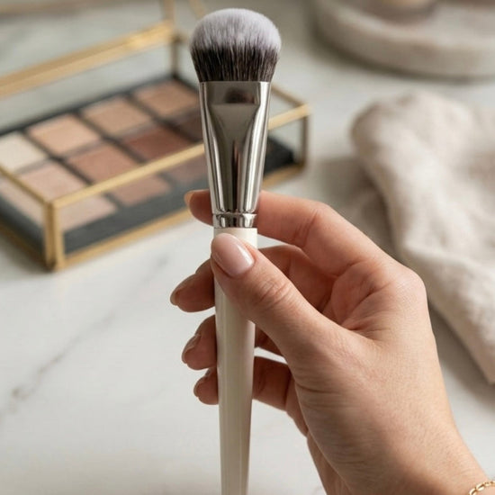 Hand holding a makeup brush with a blurred background of cosmetic products.