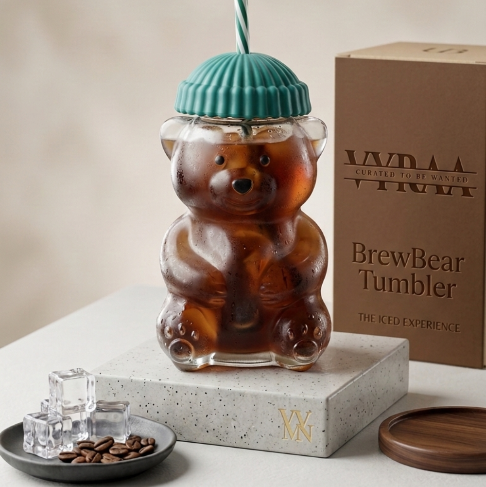 Bear-shaped glass tumbler with a teal lid and straw on a neutral background